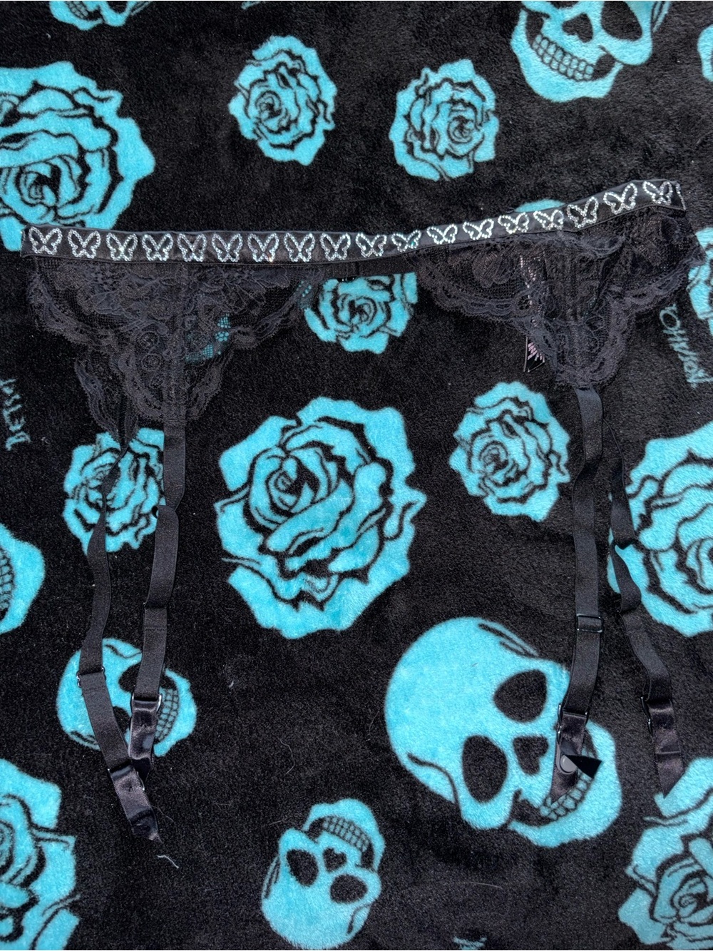 Victoria's Secret Black Lace Garter Belt with Butterfly Trim